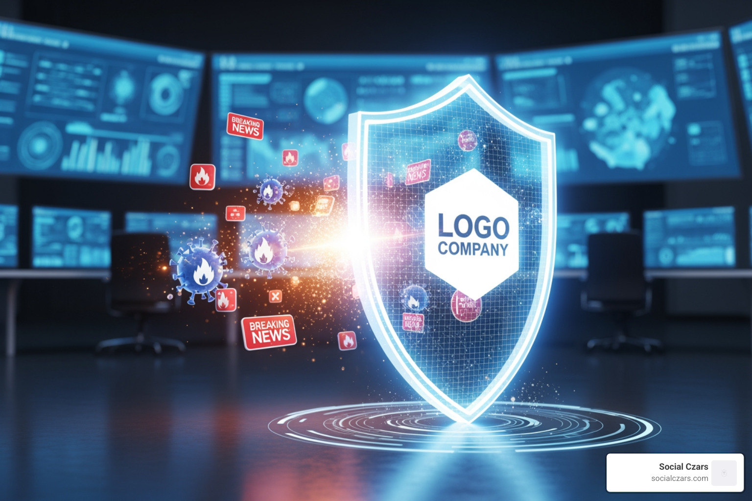 brand reputation shield protecting a company logo - Online crisis management