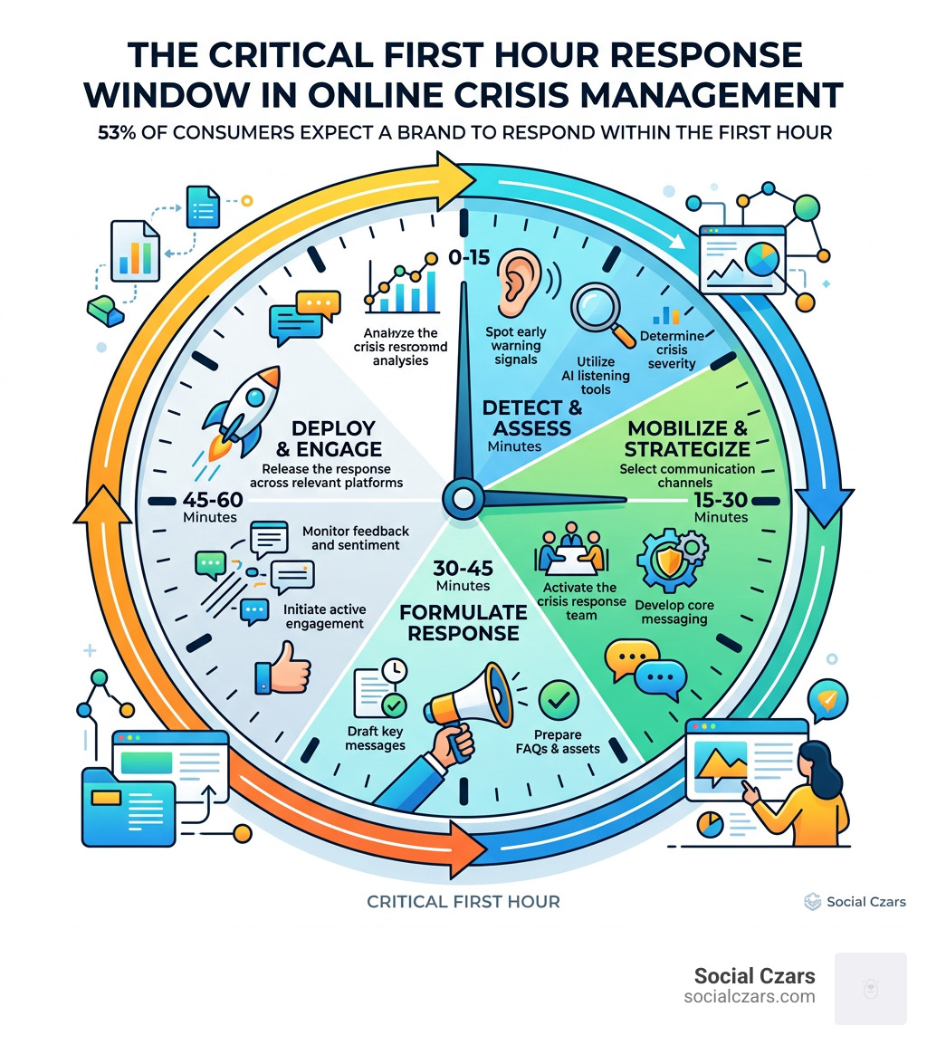 Infographic showing the critical first hour response window in online crisis management - Online crisis management