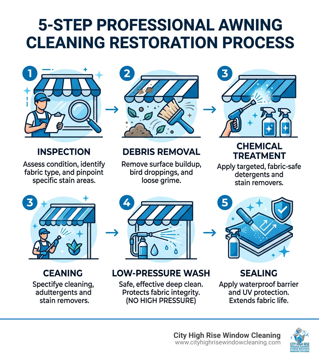 5-step professional awning cleaning restoration process infographic showing inspection, debris removal, chemical treatment 5-step professional awning cleaning restoration process infographic showing inspection, debris removal, chemical treatment