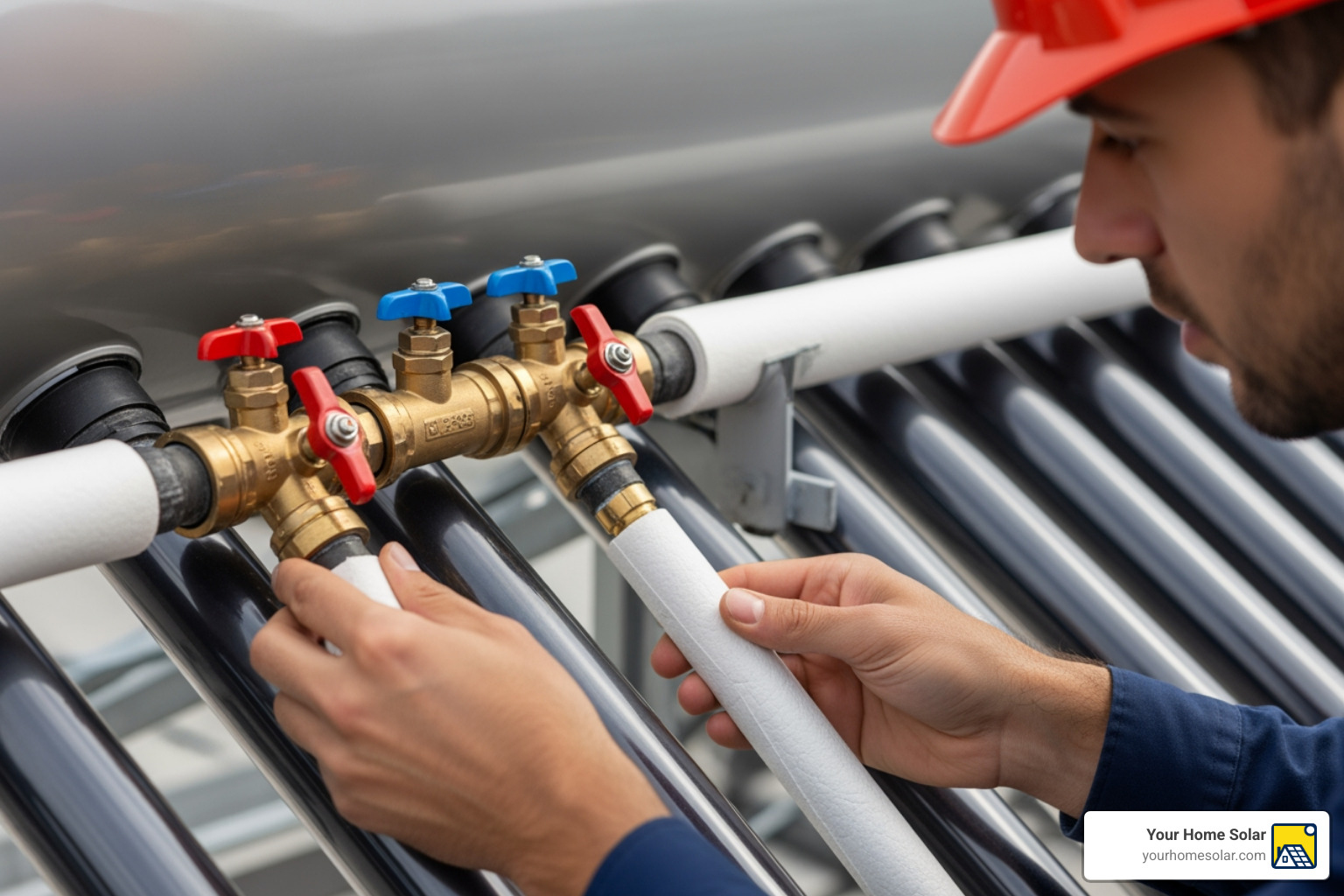 Technician inspecting solar valves and piping for leaks and corrosion - solar geyser maintenance Technician inspecting solar valves and piping for leaks and corrosion - solar geyser maintenance
