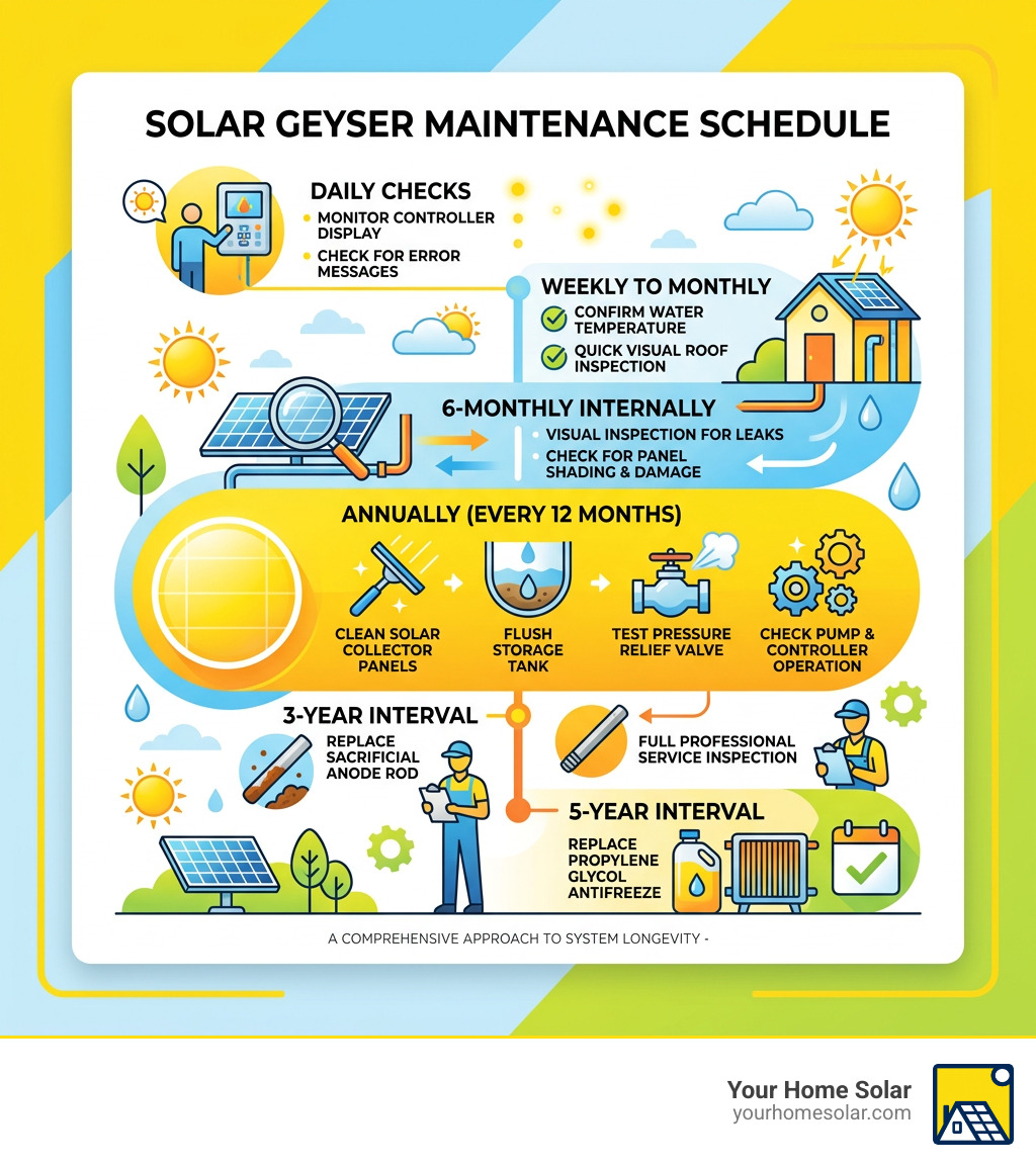 Solar geyser maintenance schedule infographic: tasks from daily checks to 5-year service intervals - solar geyser Solar geyser maintenance schedule infographic: tasks from daily checks to 5-year service intervals - solar geyser