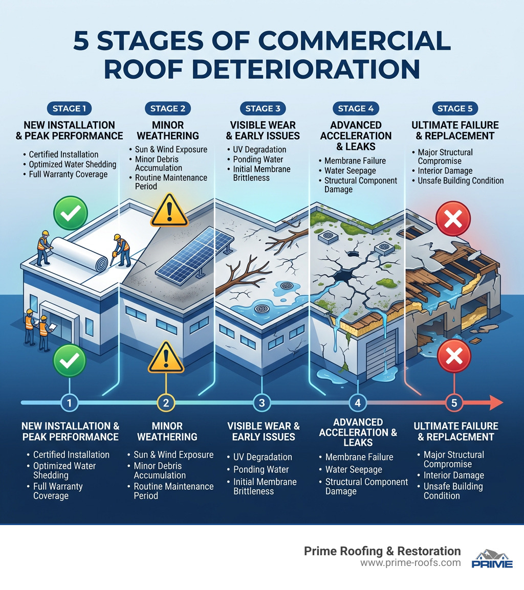 5 stages of commercial roof deterioration from new installation to failure - commercial roofers in my area infographic 