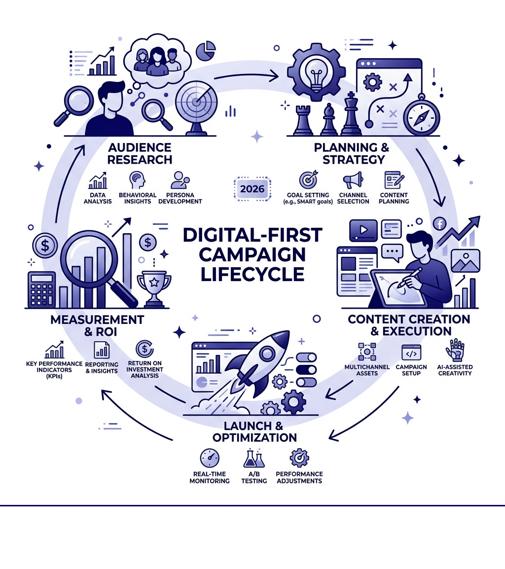 Digital-first campaign lifecycle: from audience research to launch, optimization, and ROI measurement - digital first