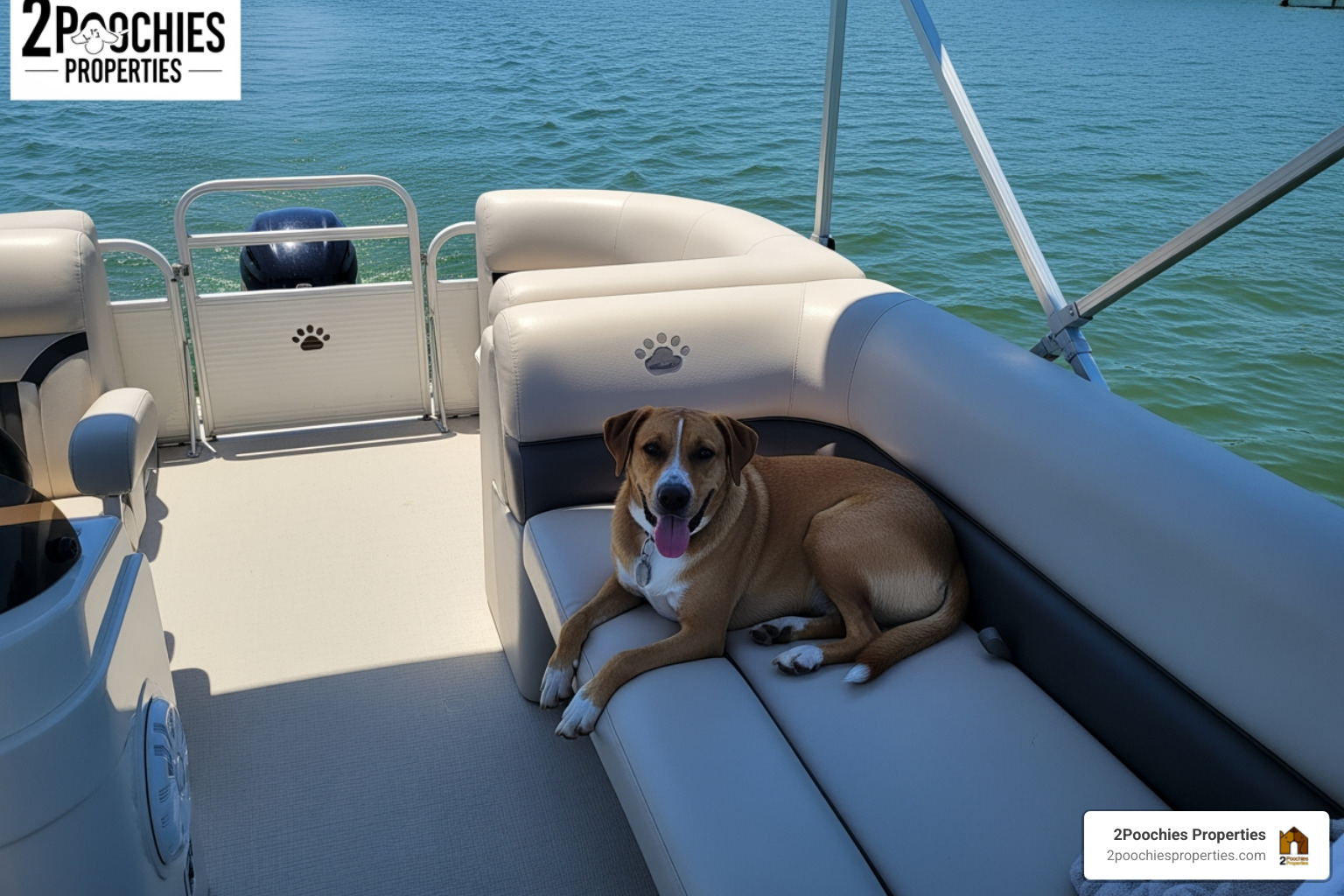 dog lounging on a spacious pontoon seat - dog friendly pontoon boat lake