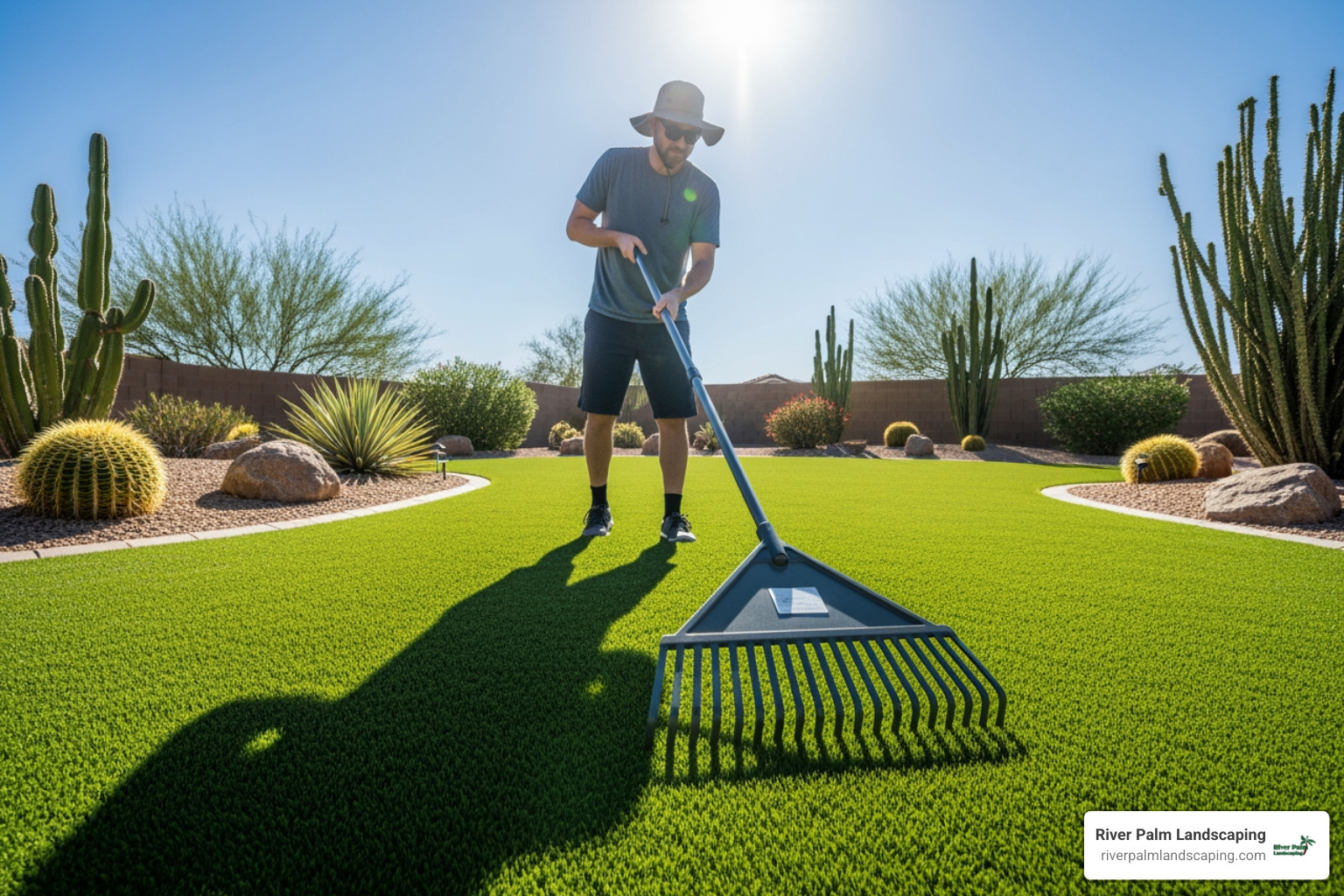 homeowner using a synthetic turf rake on a green lawn - Artificial grass maintenance