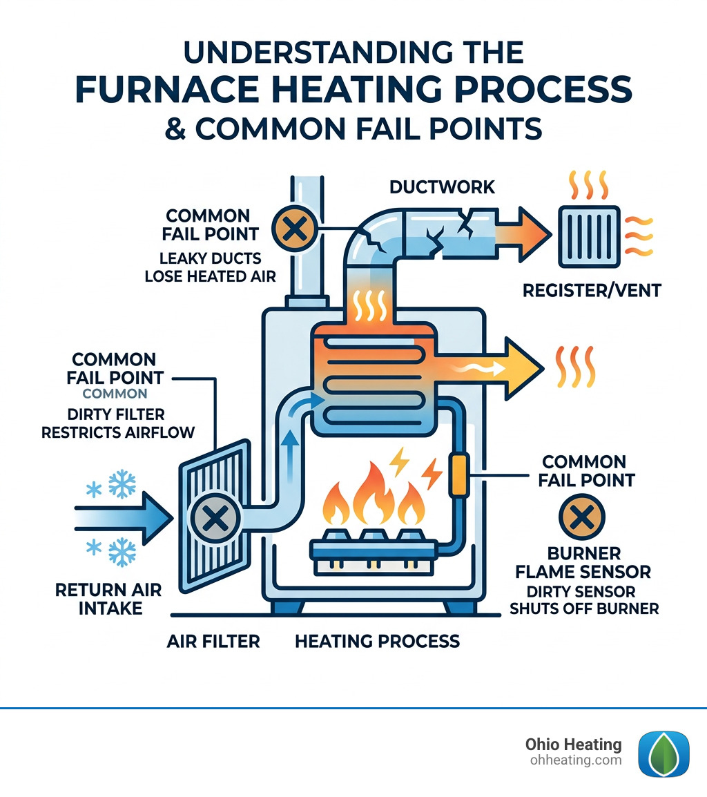 Furnace heating process diagram showing common fail points like filter, flame sensor, and ductwork - Furnace blowing cold