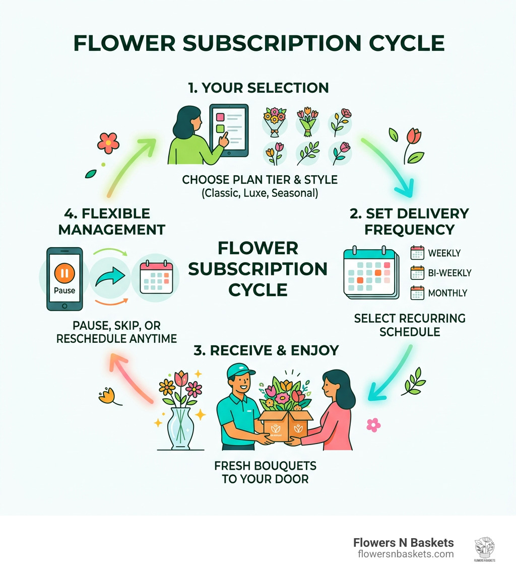 Flower subscription cycle infographic showing selection, delivery frequency, and management options - flower subscriptions