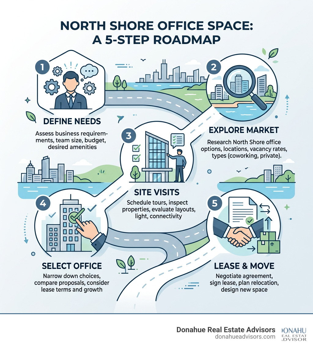 Infographic showing the North Shore office space leasing process: 1) Assess your space needs and budget, 2) Identify available properties by type (traditional, coworking, medical), 3) Compare rental rates per square foot, 4) Evaluate building amenities and parking, 5) Engage tenant-only representation to negotiate lease terms, 6) Secure favorable incentives like rent abatements or build-out allowances - North Shore office space infographic infographic-line-5-steps-blues-accent_colors