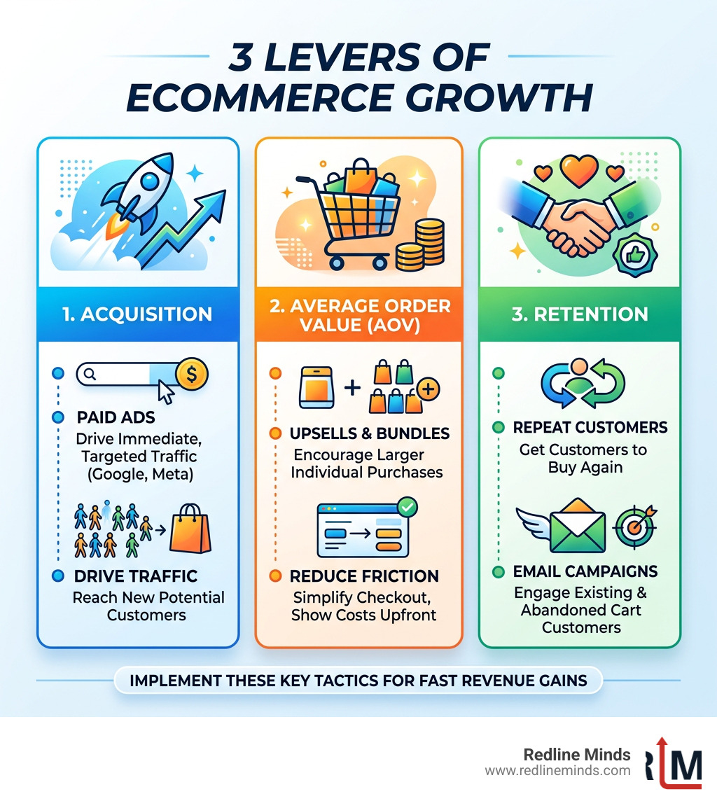 Three levers of ecommerce growth: acquisition, average order value, and retention with key tactics - how to increase online