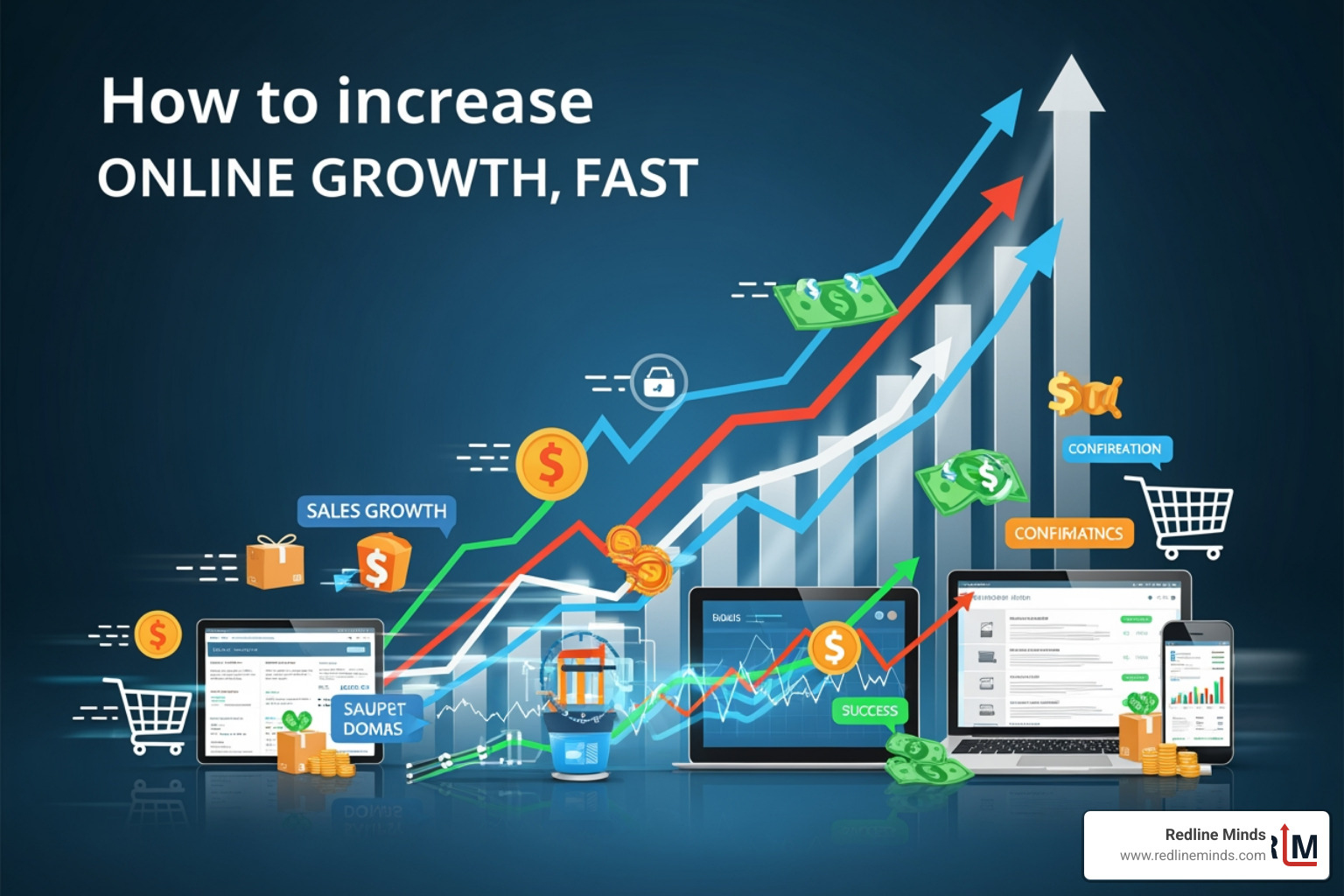 Digital dashboard showing rising ecommerce sales and conversion metrics - how to increase online sales fast