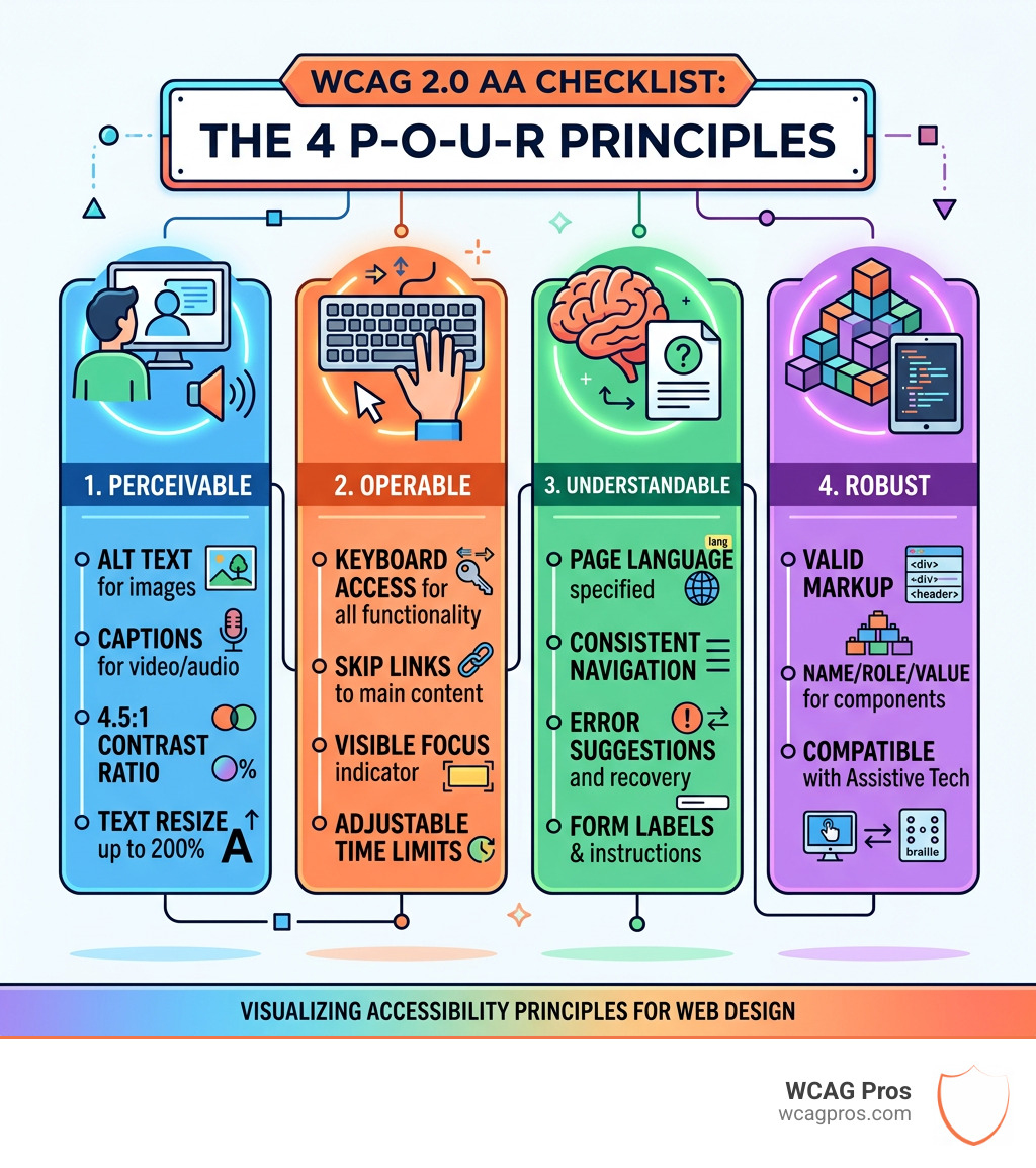 Infographic showing the four POUR principles of WCAG 2.0 AA with key success criteria per principle - wcag 2.0 aa checklist Infographic showing the four POUR principles of WCAG 2.0 AA with key success criteria per principle - wcag 2.0 aa checklist