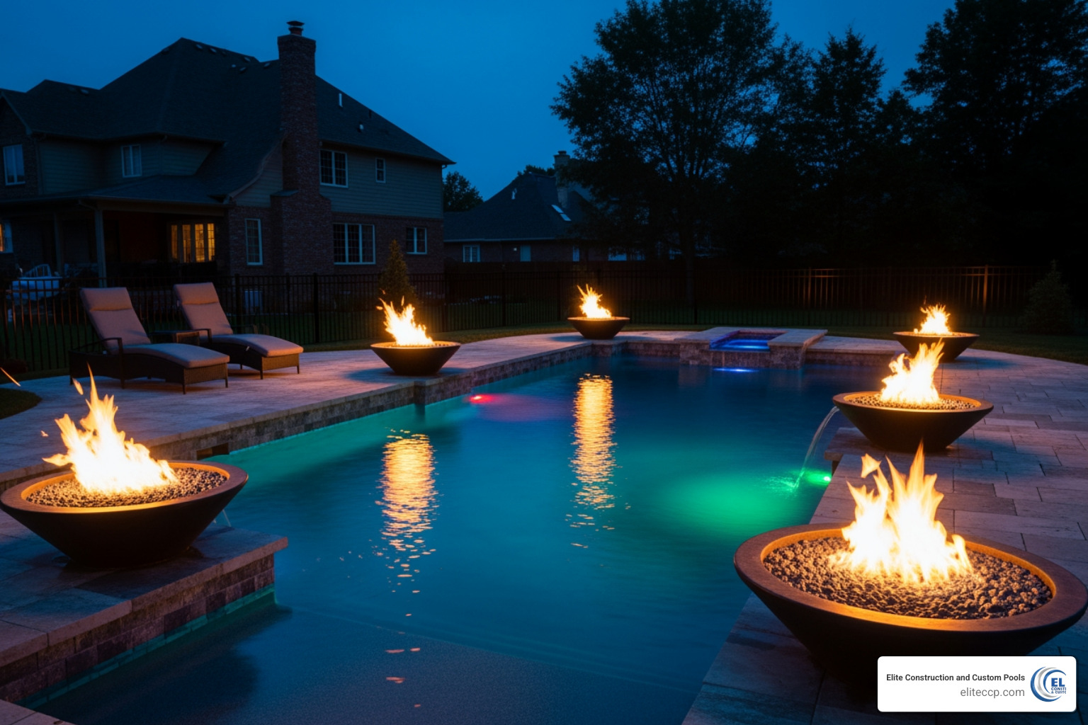 Custom Pool Featuring Integrated Fire Bowls And Ambient Lighting - Custom Pools And Spas Custom pool featuring integrated fire bowls and ambient lighting - Custom Pools And Spas