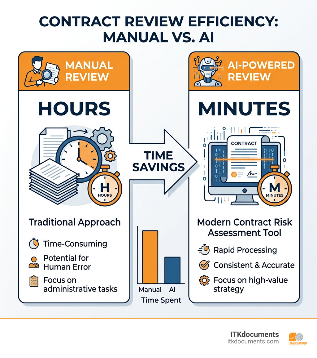 Infographic comparing manual review time (hours) vs AI review time (minutes) - contract risk assessment tool infographic Infographic comparing manual review time (hours) vs AI review time (minutes) - contract risk assessment tool infographic