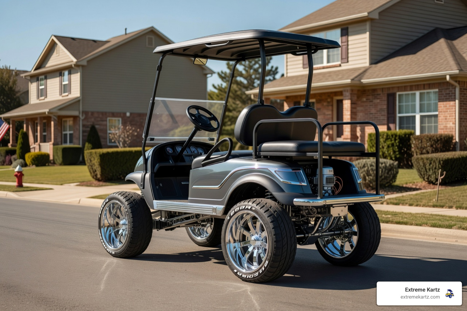golf cart rims close-up on a custom golf cart in a suburban driveway - golf cart rims