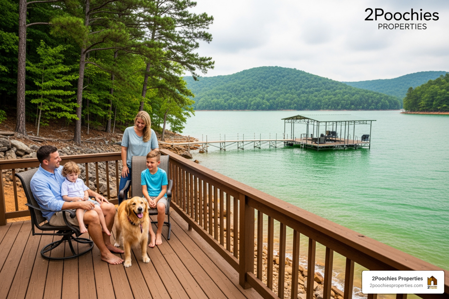 A happy family and their golden retriever playing on a large lakefront deck at Smith Lake - Pet Friendly Vacation Home Rentals at Smith Lake