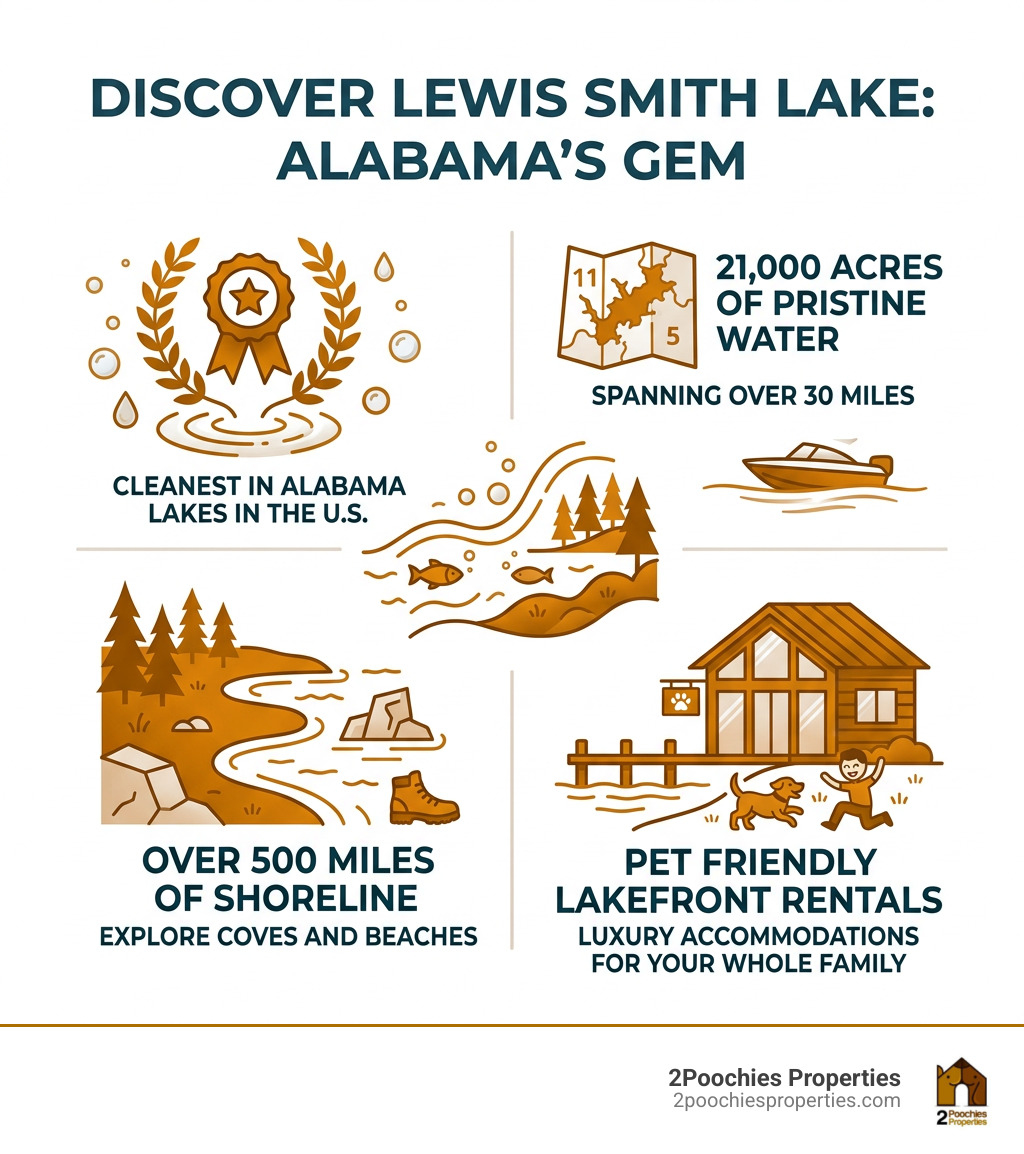 Infographic showing Smith Lake ranked top 3 cleanest in the U.S., 21,000 acres, 500 miles of shoreline, pet friendly