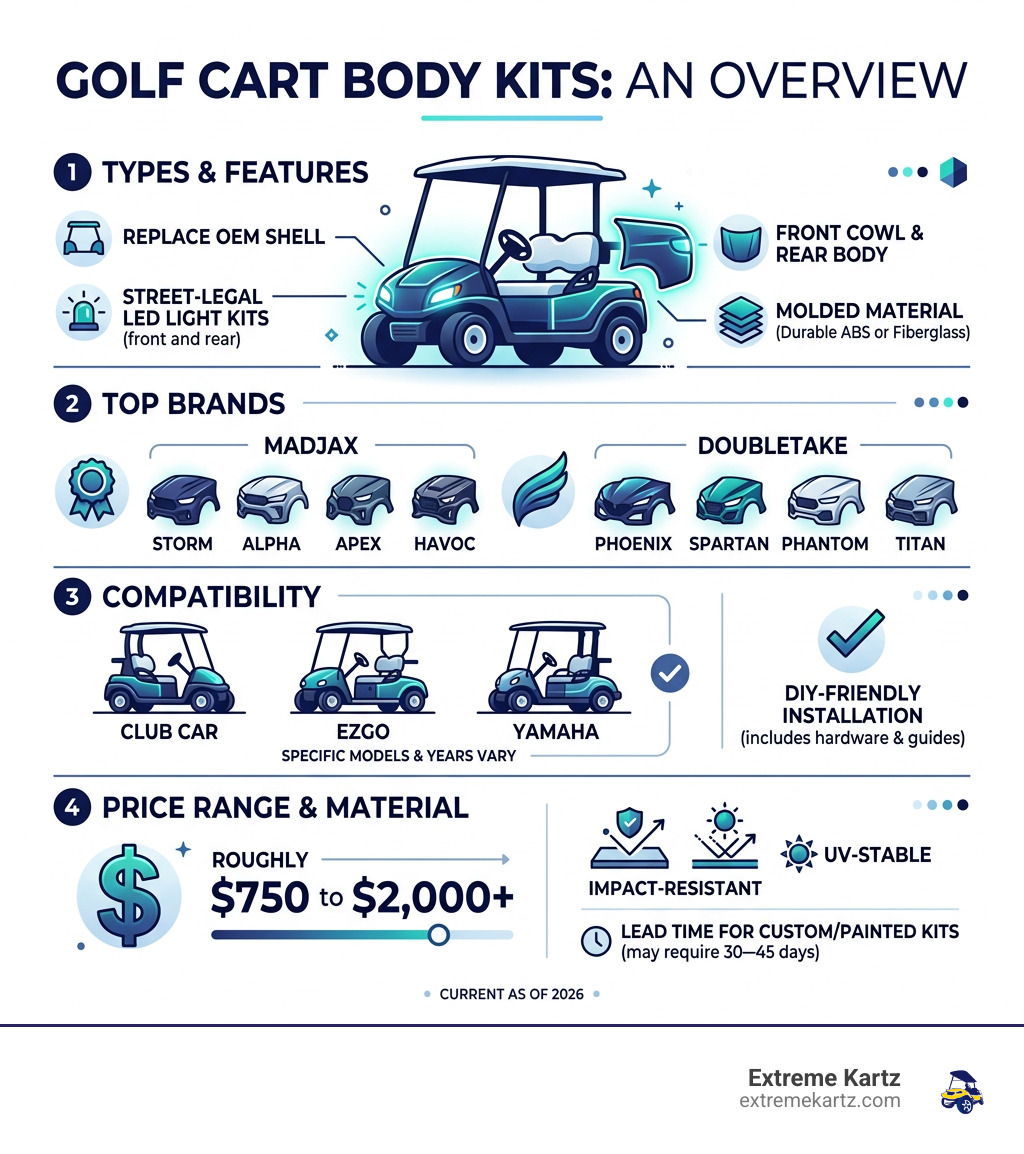 overview infographic showing types, brands, price ranges, and compatibility of golf cart body kits - body kits for golf cart