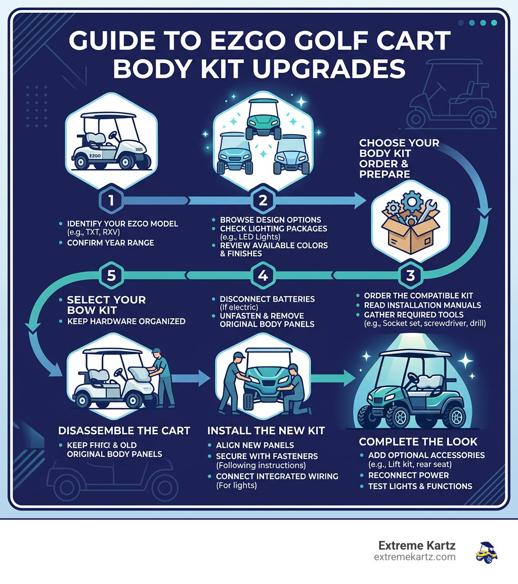 Infographic showing EZGO body kit upgrade process from model selection to installation - golf cart body kits for ezgo Infographic showing EZGO body kit upgrade process from model selection to installation - golf cart body kits for ezgo