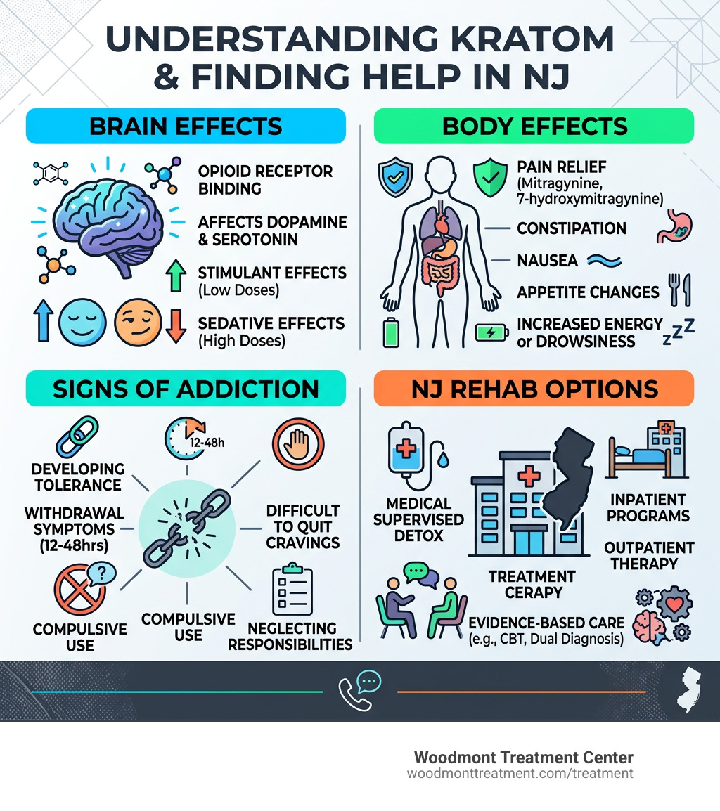 Infographic showing how kratom affects the brain, body, addiction signs, and NJ rehab options - Kratom Rehab Center in New