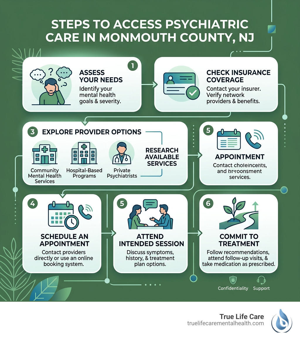 Steps to access psychiatric care in Monmouth County NJ infographic - Psychiatric Care in Monmouth County NJ infographic 
