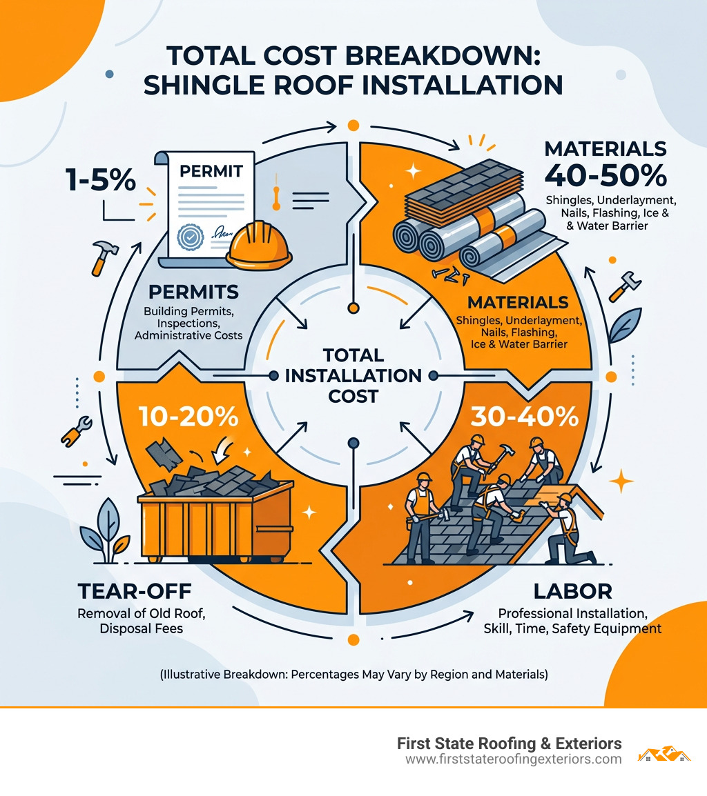 Total cost breakdown infographic for shingle roof installation including materials, labor, tear-off, and permits - cost to
