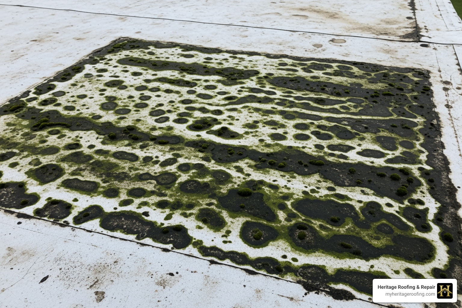 algae and moss buildup on a TPO membrane - commercial roof cleaning near me