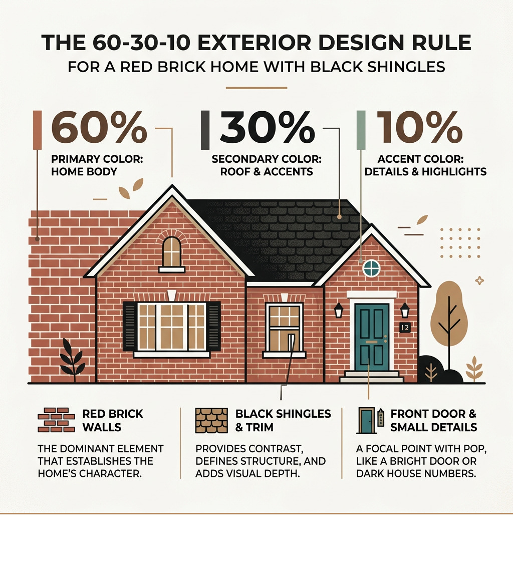 Infographic showing the 60-30-10 exterior design rule for red brick homes with black shingles - black shingles on red brick Infographic showing the 60-30-10 exterior design rule for red brick homes with black shingles - black shingles on red brick