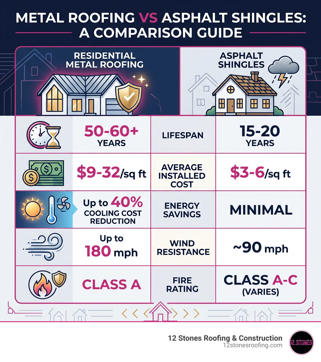 Metal roofing vs asphalt shingles comparison: lifespan, cost, energy savings, wind and fire ratings - residential metal