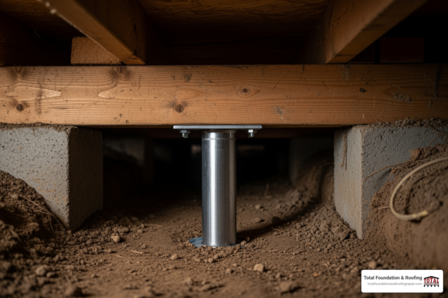 newly installed steel pier in a crawl space - crawl space foundation repair cost
