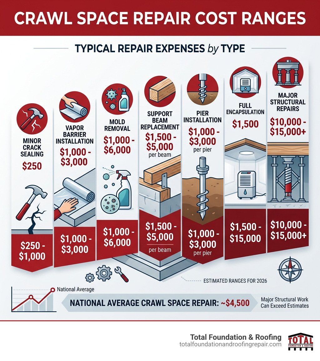 Infographic showing crawl space foundation repair cost ranges by repair type, from minor cracks to full encapsulation