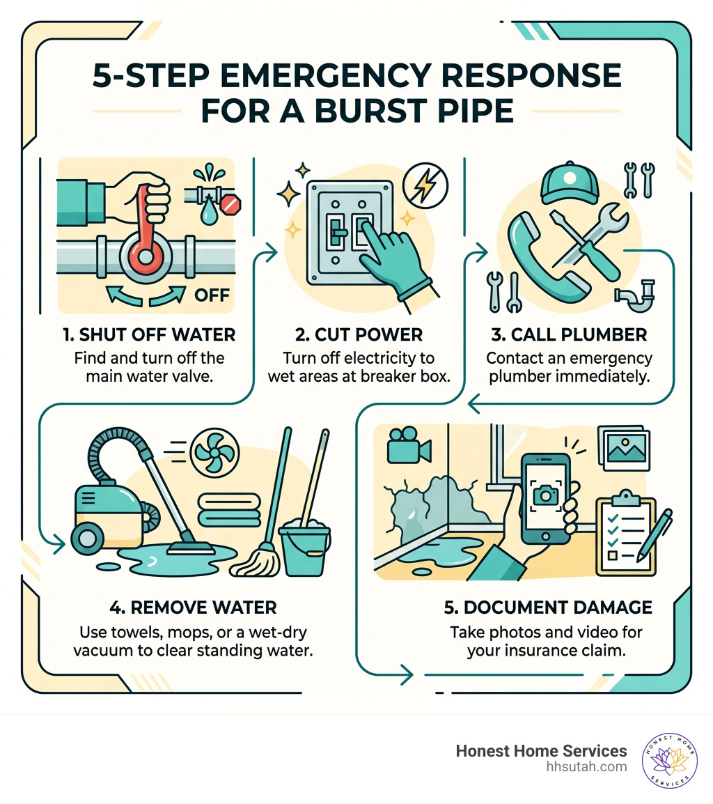 5-step emergency response infographic for a burst pipe: shut off water, cut power, call plumber, remove water, document 5-step emergency response infographic for a burst pipe: shut off water, cut power, call plumber, remove water, document