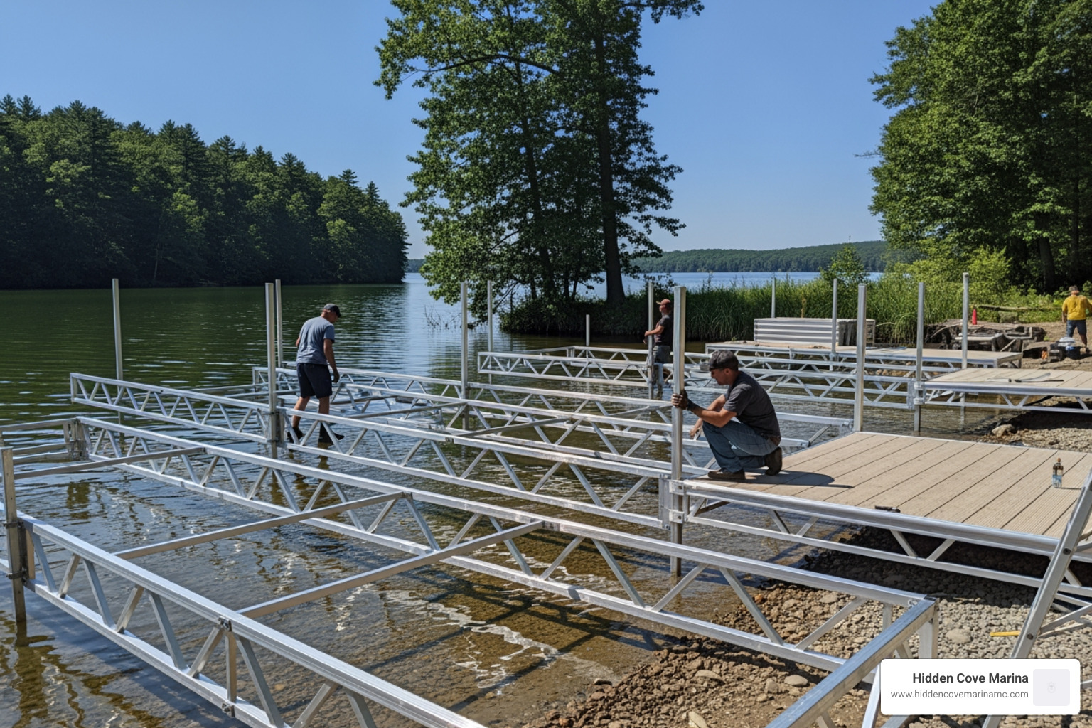 modular aluminum dock system being installed on a lake shore - boat dock for sale near me modular aluminum dock system being installed on a lake shore - boat dock for sale near me