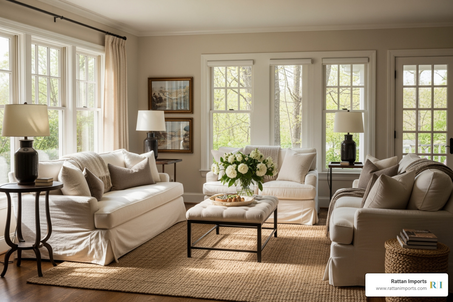 nancy meyers rug in sun-drenched living room with neutral slipcovered furniture and jute rug - nancy meyers rug