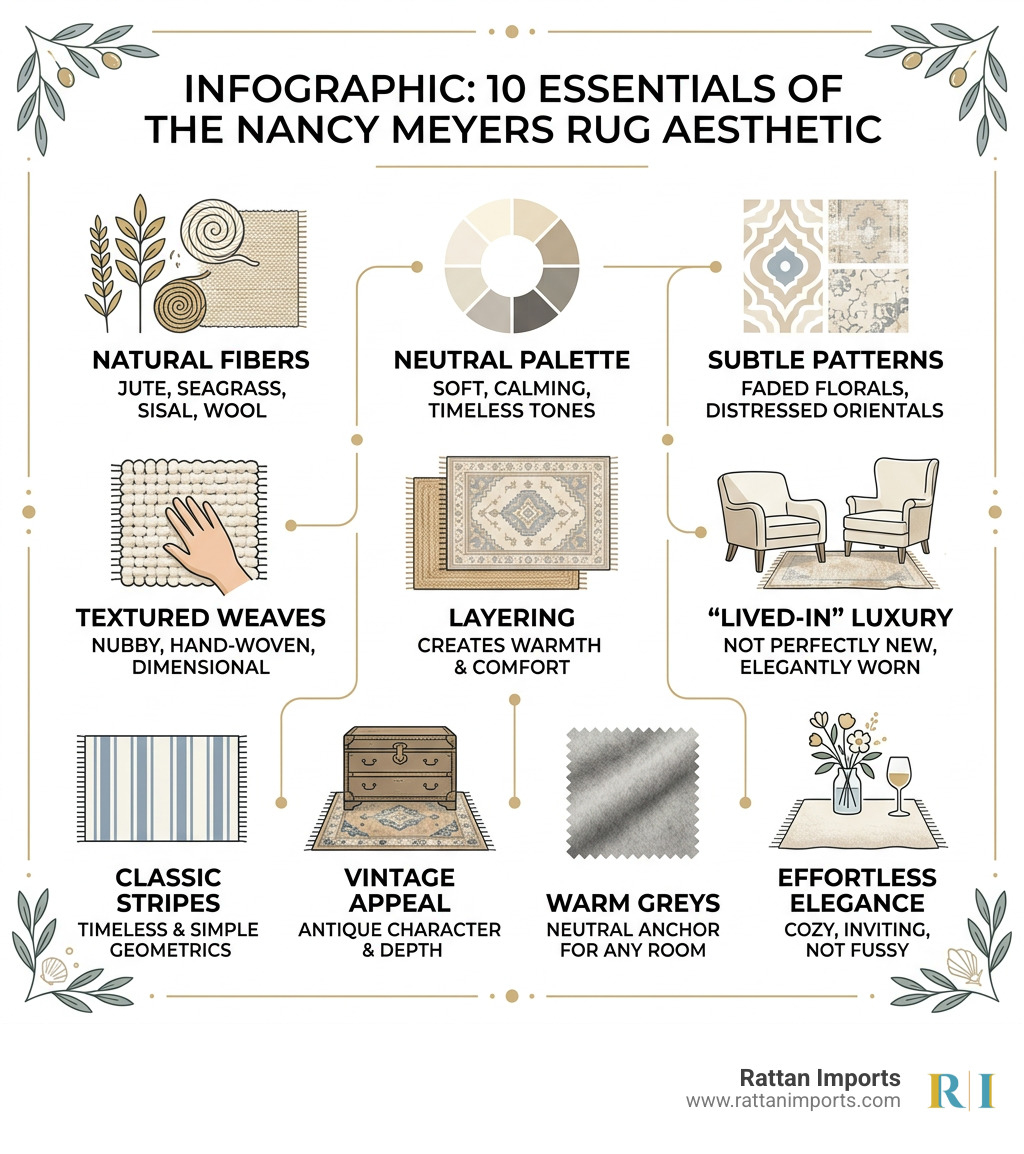 Infographic: 10 essentials of the Nancy Meyers rug aesthetic — natural fibers, neutral tones, subtle patterns, layering, and