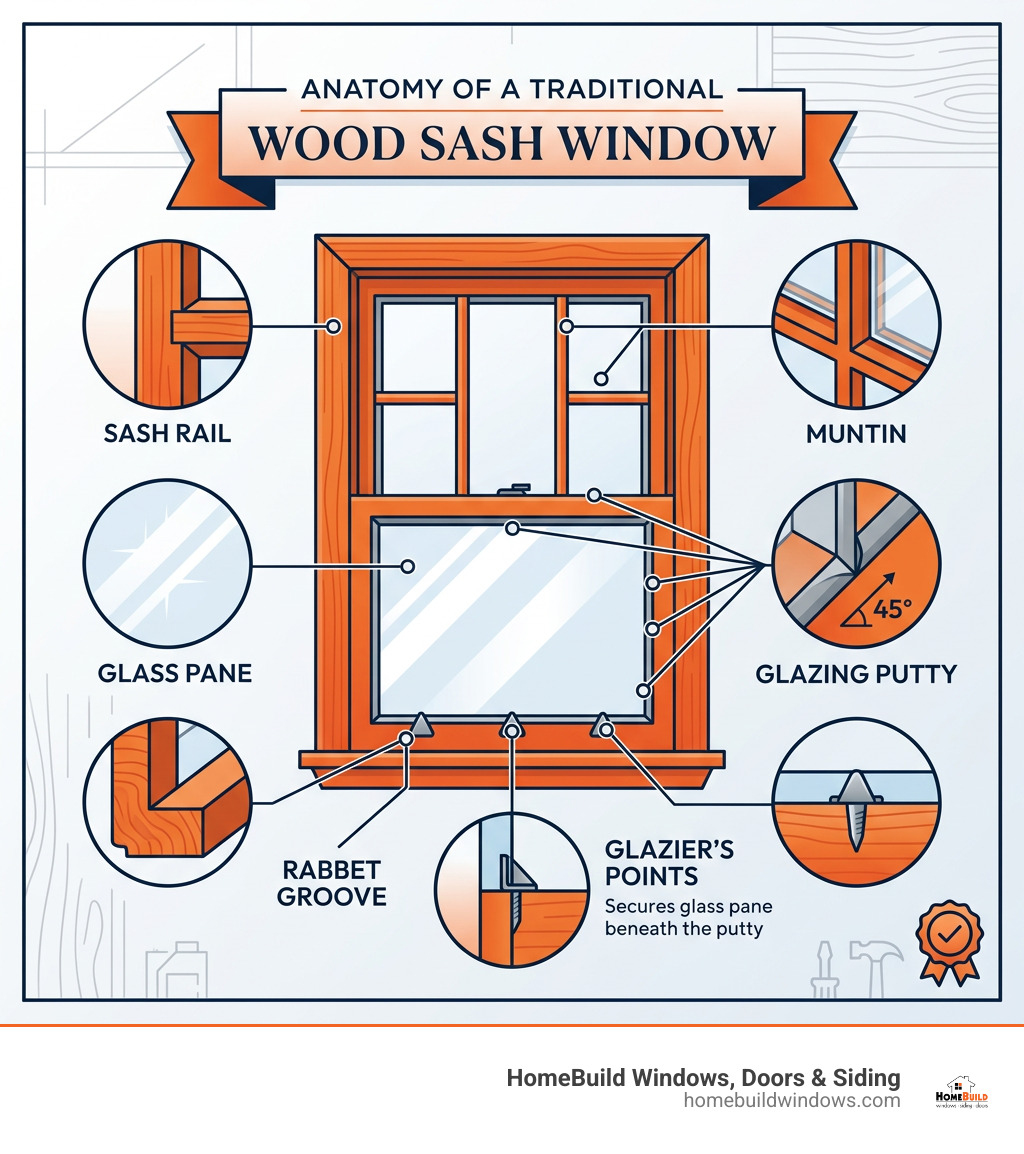 Anatomy of a traditional wood sash window with labeled parts: rabbet groove, glazier's points, glazing putty, glass pane