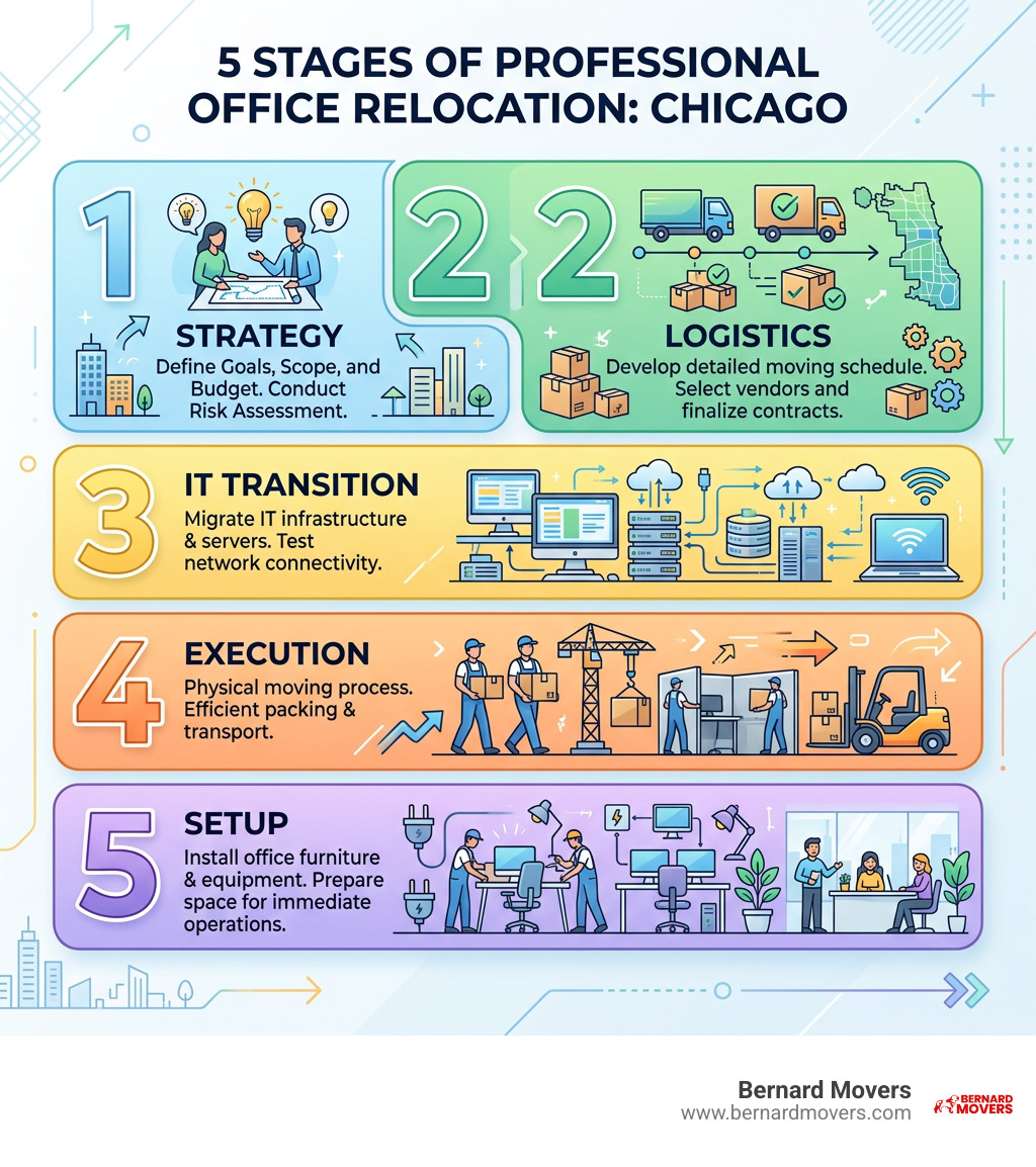 Infographic showing the 5 stages of office relocation: Strategy, Logistics, IT Transition, Execution, and Setup Infographic showing the 5 stages of office relocation: Strategy, Logistics, IT Transition, Execution, and Setup