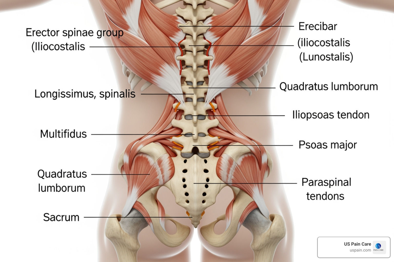 Spinal anatomy highlighting lumbar muscles and tendons prone to strain - holistic remedies back pull RFA for arthritis pain