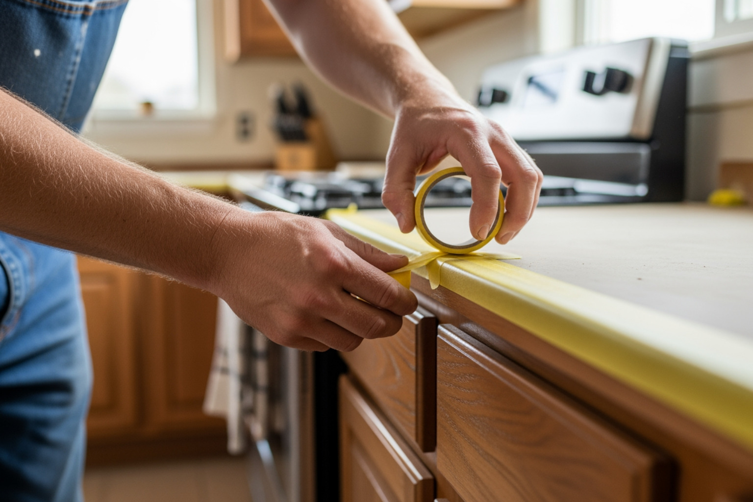 Technician carefully taping off kitchen surfaces - Professional kitchen cabinet makeover