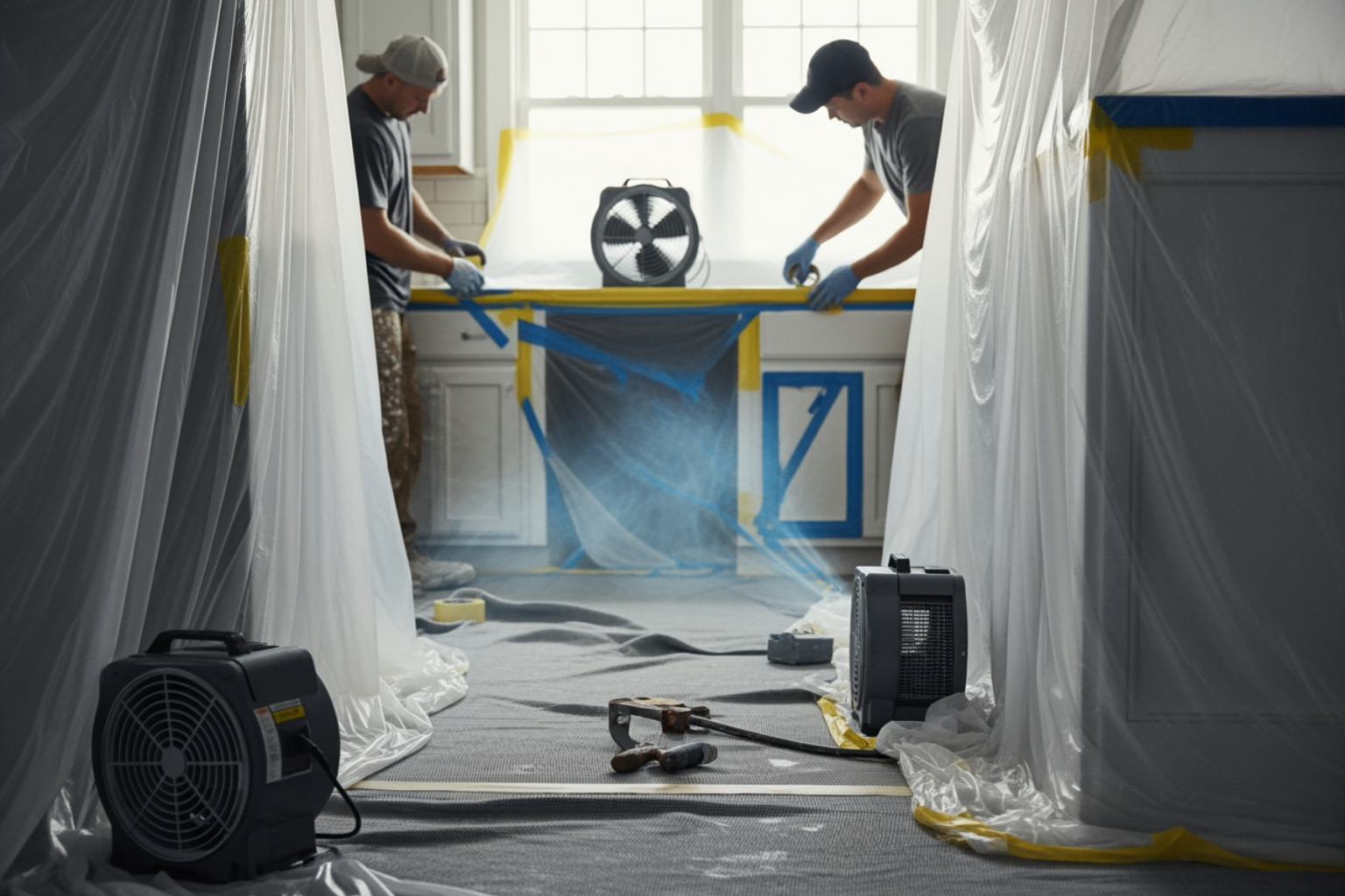 professional cabinet painting containment setup - kitchen cabinet painting carmel