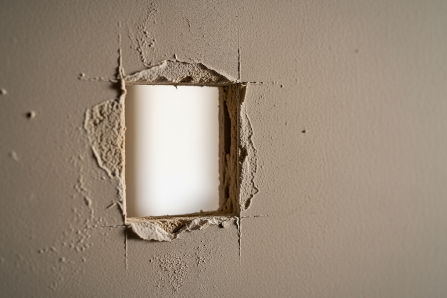 squared off hole in drywall prepared for patching - Drywall hole patching