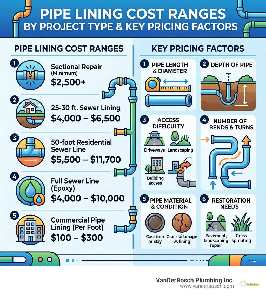 Infographic showing pipe lining cost ranges by project type and key pricing factors - pipe lining cost infographic Infographic showing pipe lining cost ranges by project type and key pricing factors - pipe lining cost infographic