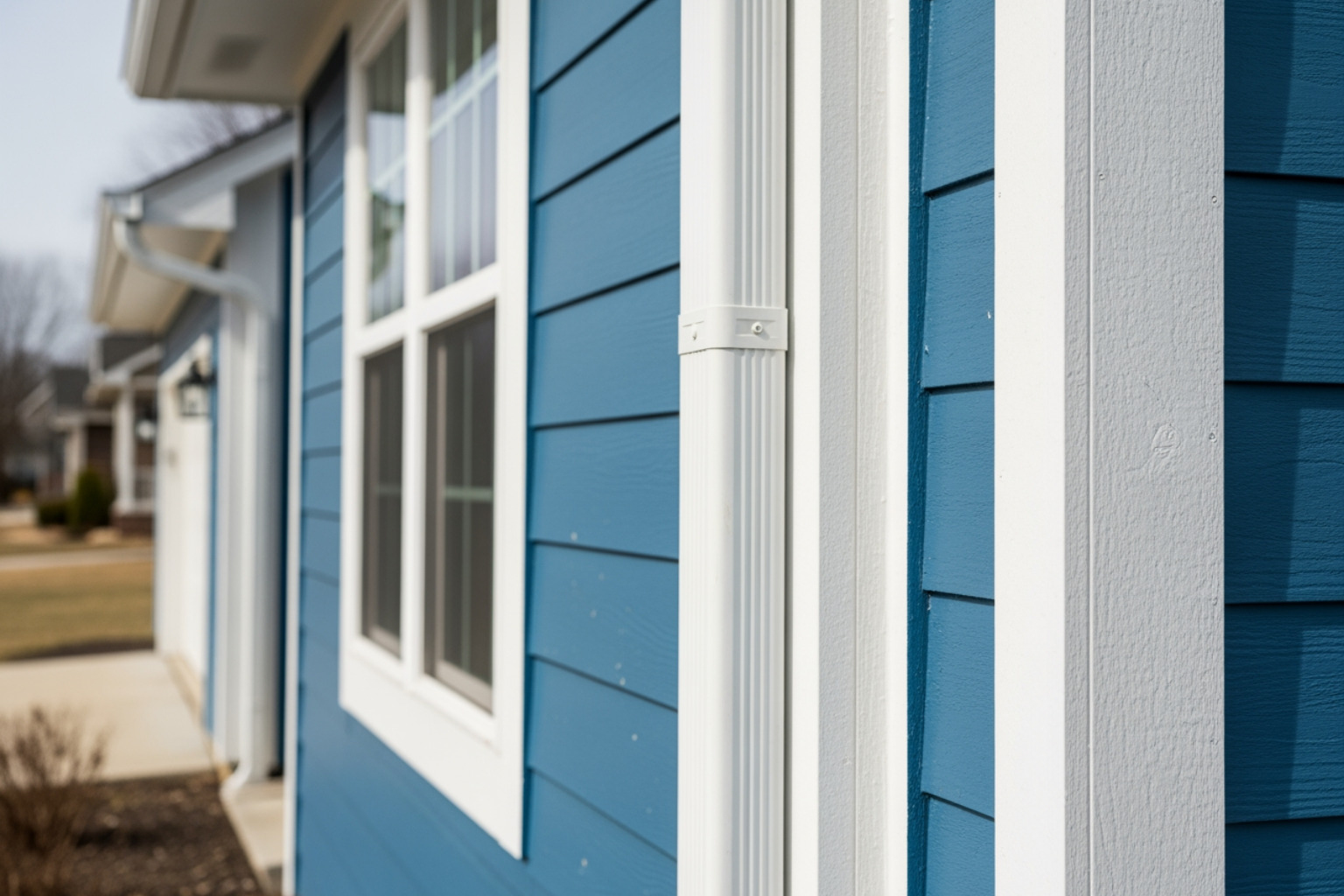 freshly painted Zionsville residence with crisp white trim and blue siding - exterior painting Zionsville IN
