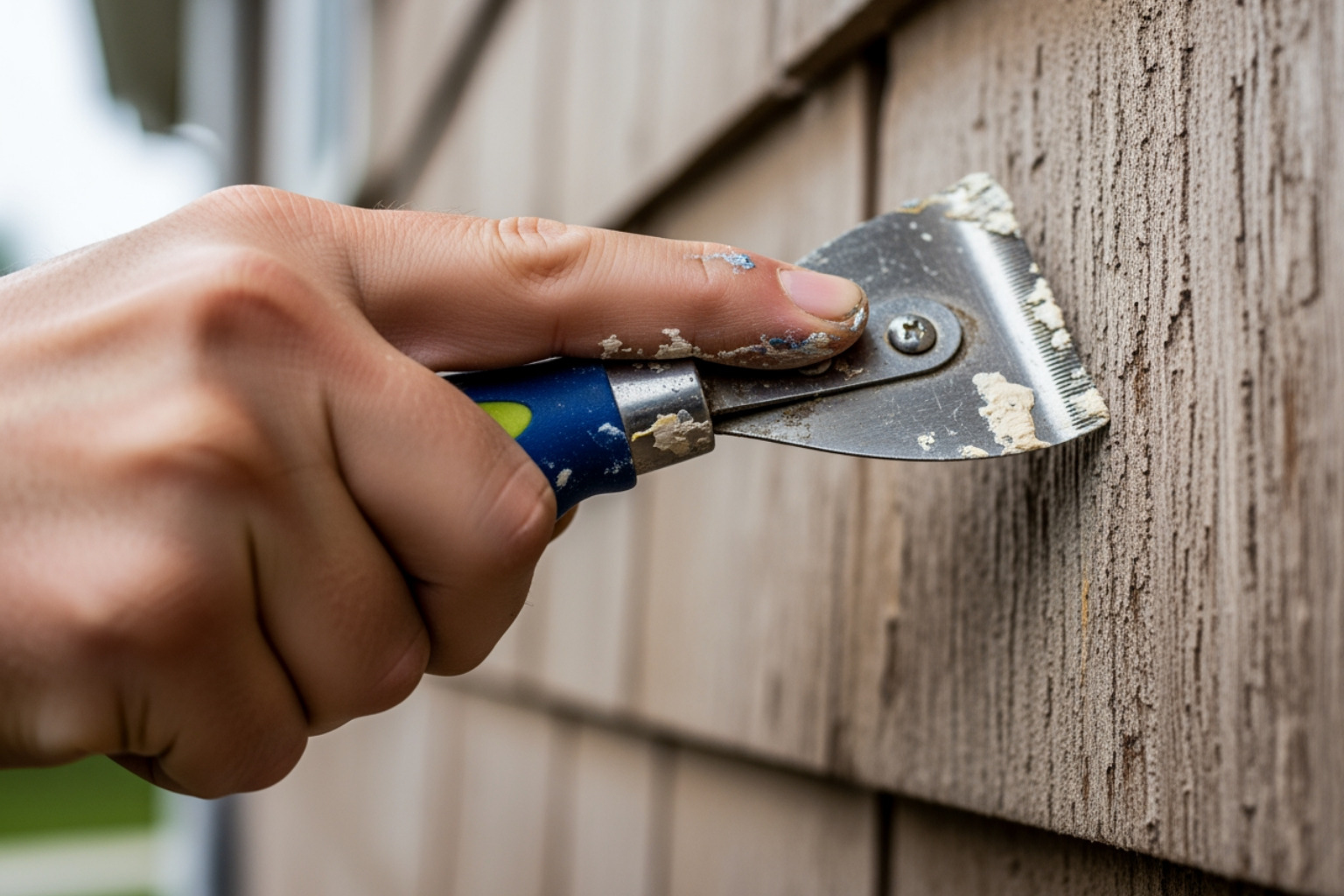 painter using a professional scraper on weathered wood siding with visible wood grain - exterior painting Zionsville IN