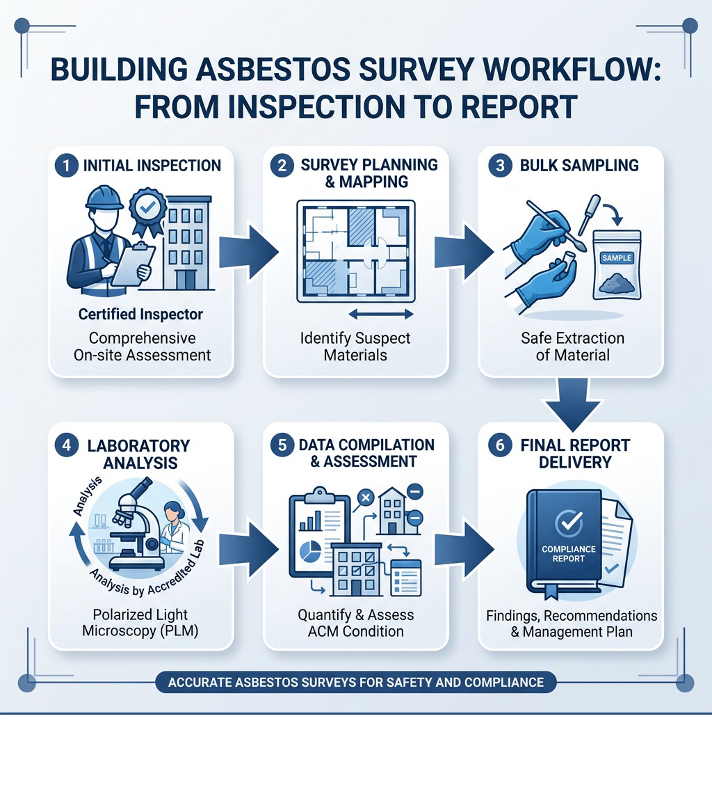 Asbestos survey workflow infographic from initial inspection through sampling, lab analysis, to final report - Building