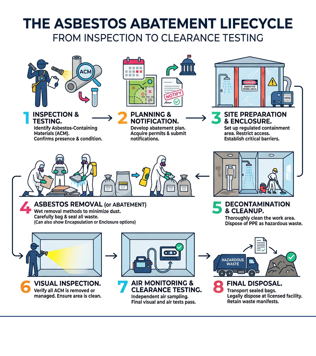 Infographic showing the asbestos abatement lifecycle from inspection to clearance testing - what is asbestos abatement