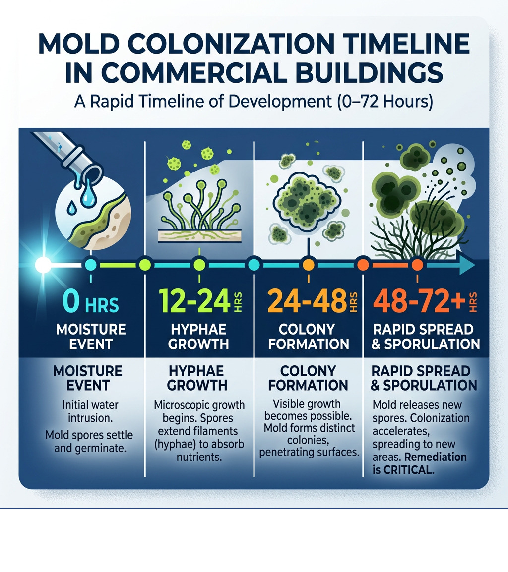 Infographic showing mold colonization timeline in commercial buildings from 0 to 72 hours - Commercial property mold