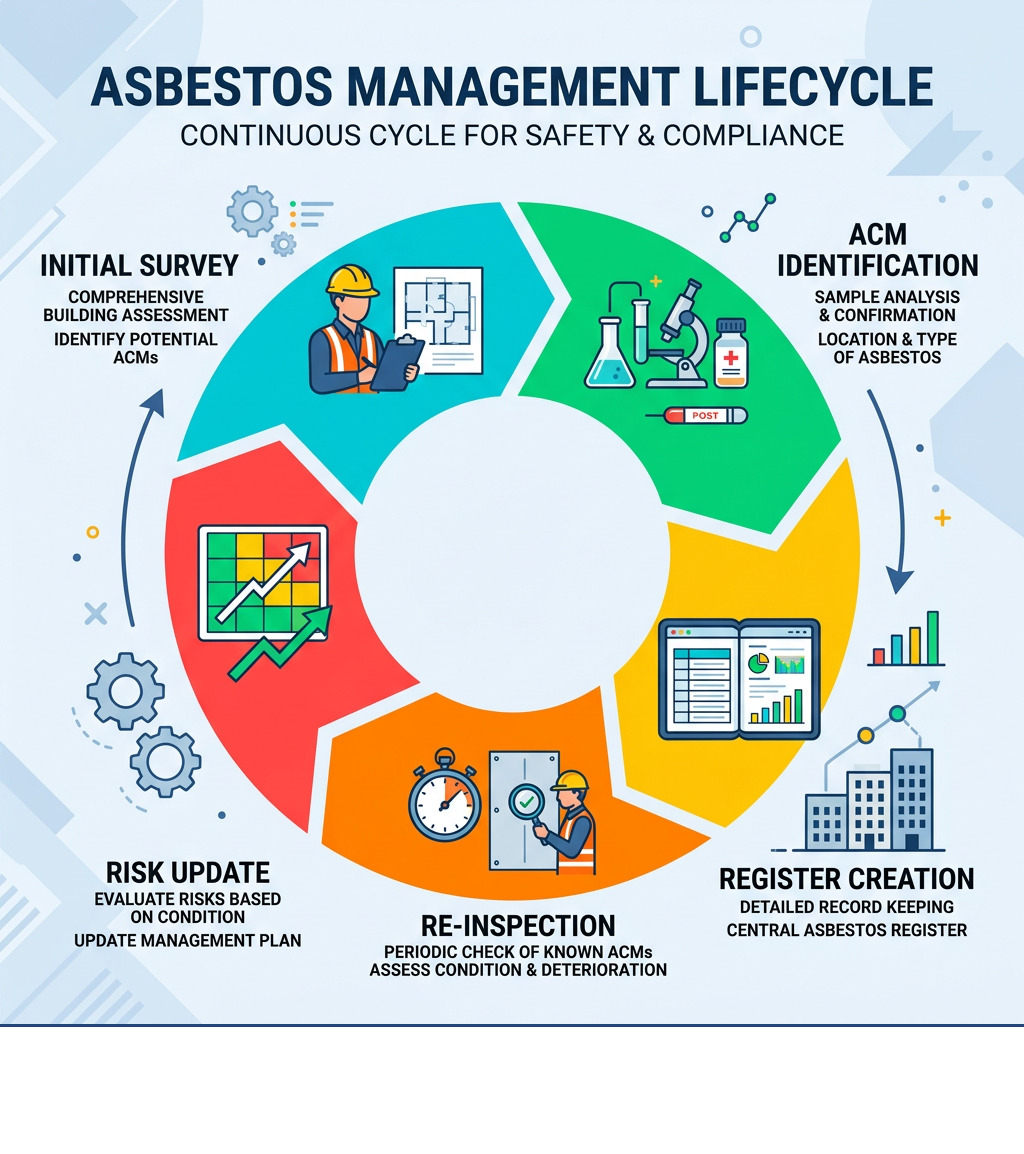 Asbestos management lifecycle infographic: initial survey, ACM identification, register creation, re-inspection, risk update