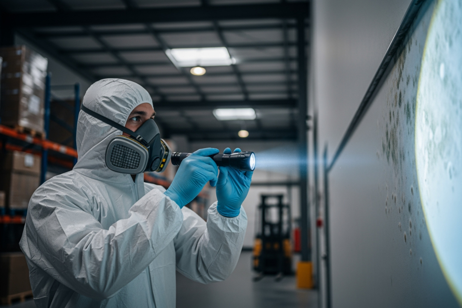 Professional technician inspecting a commercial warehouse for mold growth - commercial mold remediation company near me Professional technician inspecting a commercial warehouse for mold growth - commercial mold remediation company near me