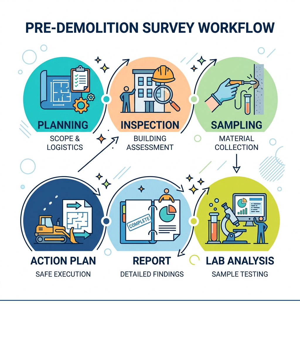 Pre-demolition survey workflow: planning, inspection, sampling, lab analysis, report, action plan - pre demolition survey