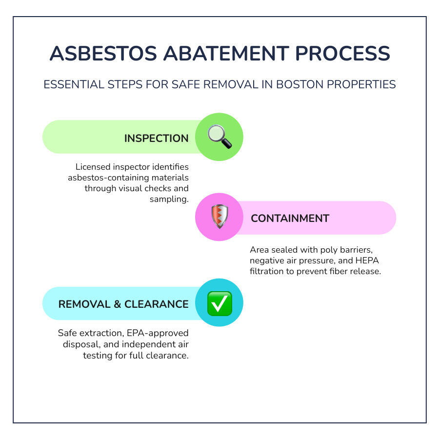 Asbestos abatement lifecycle infographic: inspection, testing, containment, removal, disposal, air clearance - asbestos